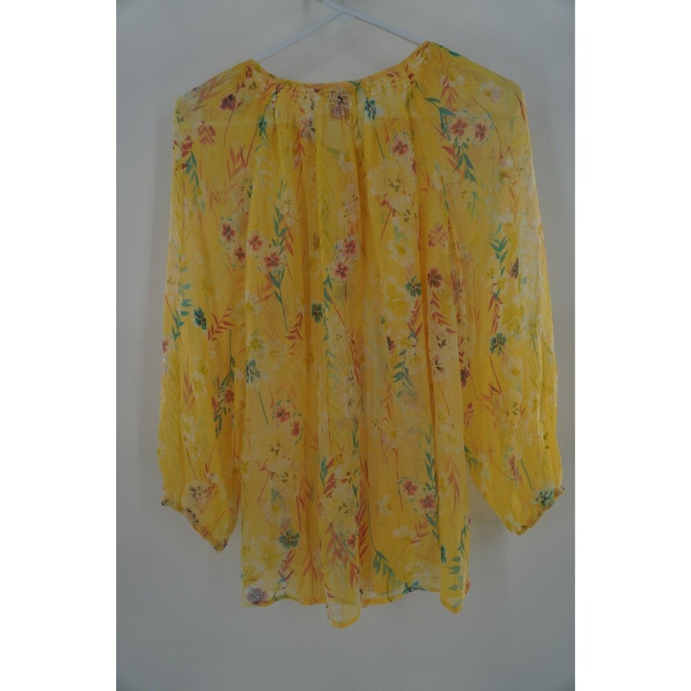 Sundance Yellow Floral Boho Peasant 100% Silk Smocked Neckline Blouse Size Large - Picture 3 of 7